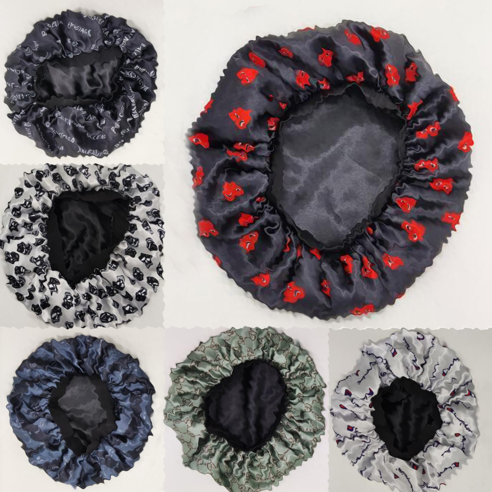 

wholesale 20Colors Letters Brand Designer Women Sleeping Cap Bonnets Unisex Nightcap Bathroom Accessories Double-deck Satin Wide-brimmed Shower Caps Makeup