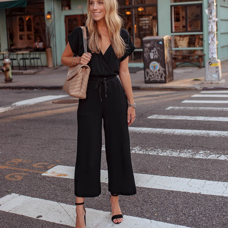 Women&#039;s Jumpsuits & Rompers 030802 Sexy short sleeve plus size women jumpsuit Summer v neck long black overall Vintage office ladi-image-688680175