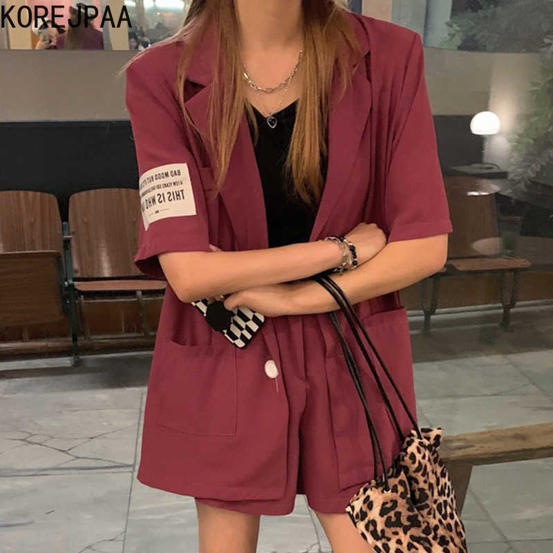 

Korejpaa Women Sets Summer Korean Chic Ladies Retro Temperament Lapel Back Slit Patch Blazer High Waist Loose Trousers 210526, Purple pants l