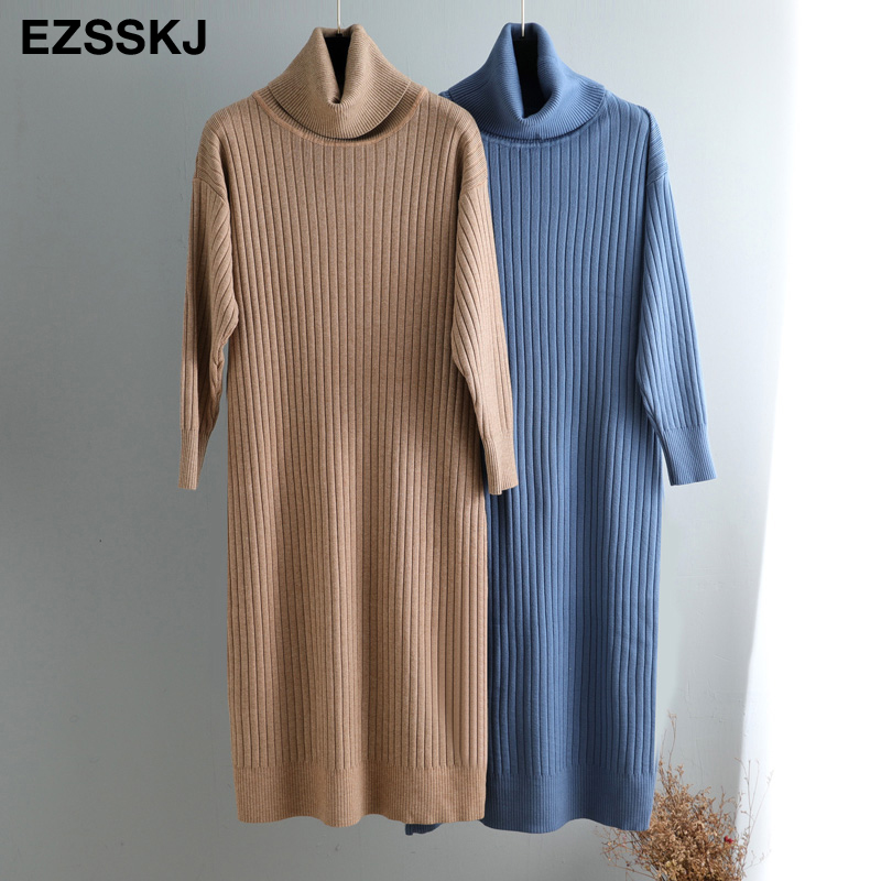 

2021autumn winter long highneck straight sweater dress women casual oversize sweater dresses maix thick basic knit dress, Black;gray