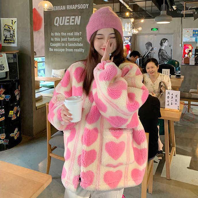 

Women's Jackets 2021 Korean Sweet Loose Lamb Wool Jacket Winter Chic Warm Thicken Women Coats All-match Casual Zip-up Long Sleeve Outwears, Black;brown