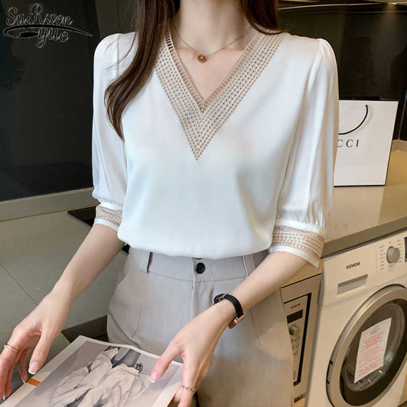 

White Blouse Summer Shirts Women Fashion Middle Sleeve Hollow V Neck Long Sleeve Tops Female Chiffon Blusas Mujer 13367 210527
