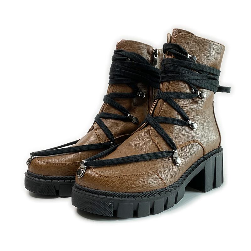 

Boots Sheepskin Women Ankle Flat Booties Decor Up Riding Boot Metal Decoration Thick Heel Platform Rubber Lace Motorcycle, Brown