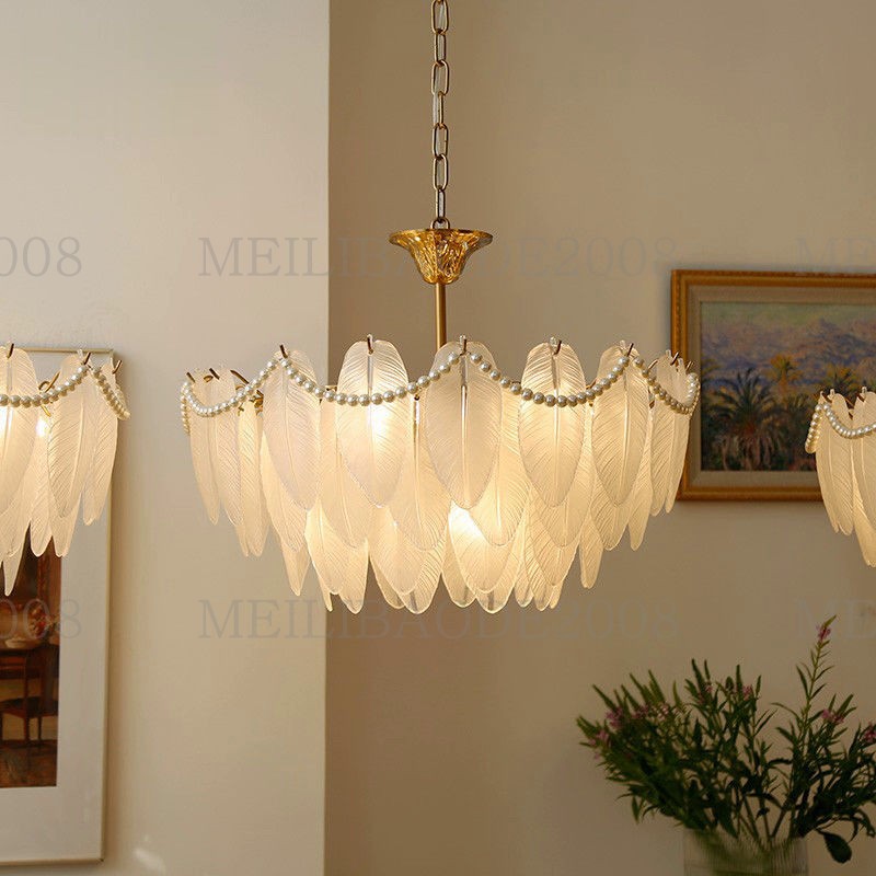 

Modern French White Glass Chandeliers Art Pendant Lamps Luxury Designer Lighting New Fixture Feather Suspension Lamp For Living Room Bedroom