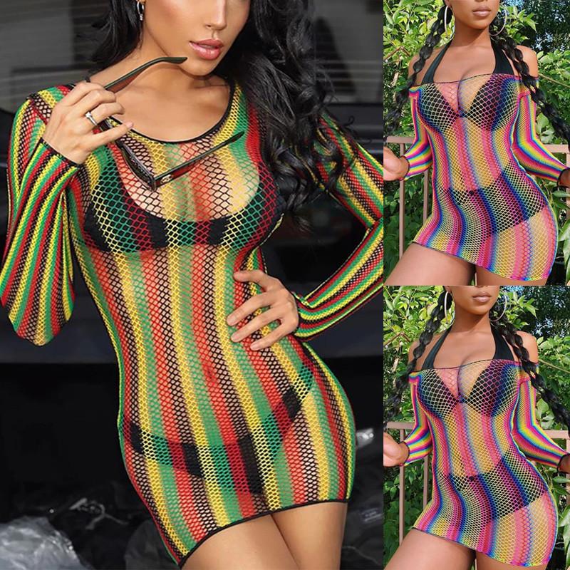 

Out Dresses Women's Bikini Cover-Ups Fishnet Mesh Cover Up Swimwear Beach Bathing Suit Striped Hollow Summer Women Ladies, White;black