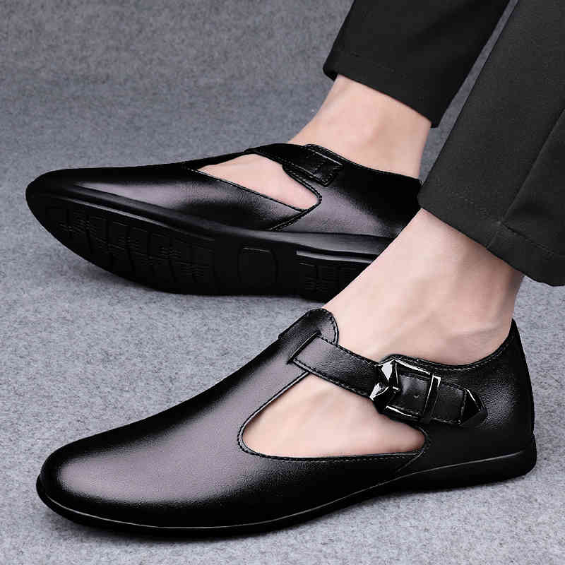 

slippers men's sandals summer genuine leather luxury brand fashion classics rome retro style business flat casual beach shoes cc9z, Black