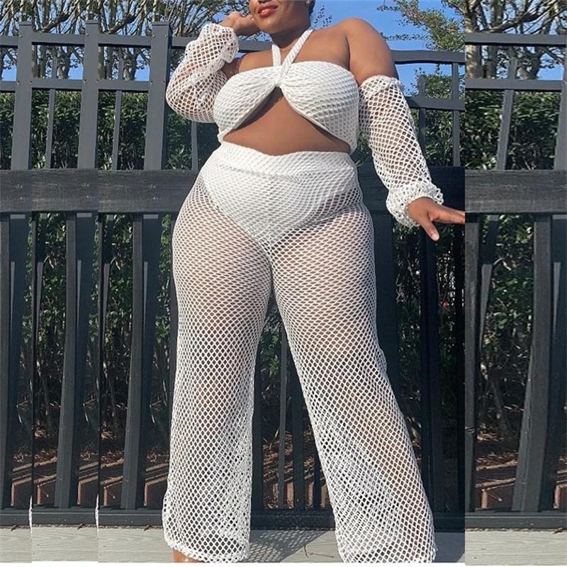 

Plus Size Tracksuits Two Piece Set Women Clothes White Halter Long Sleeve Crop Top Full Pants Suits Sexy Mesh Net Club 2 Outfits, Black