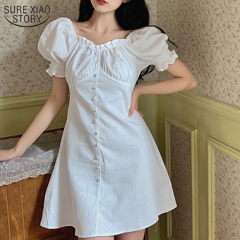 

Casual Dresses 2022 Summer Dress Solid Cotton Square Neck Puff Sleeve For Women Sweet French High Waist Robe Femme 14584, Black;gray