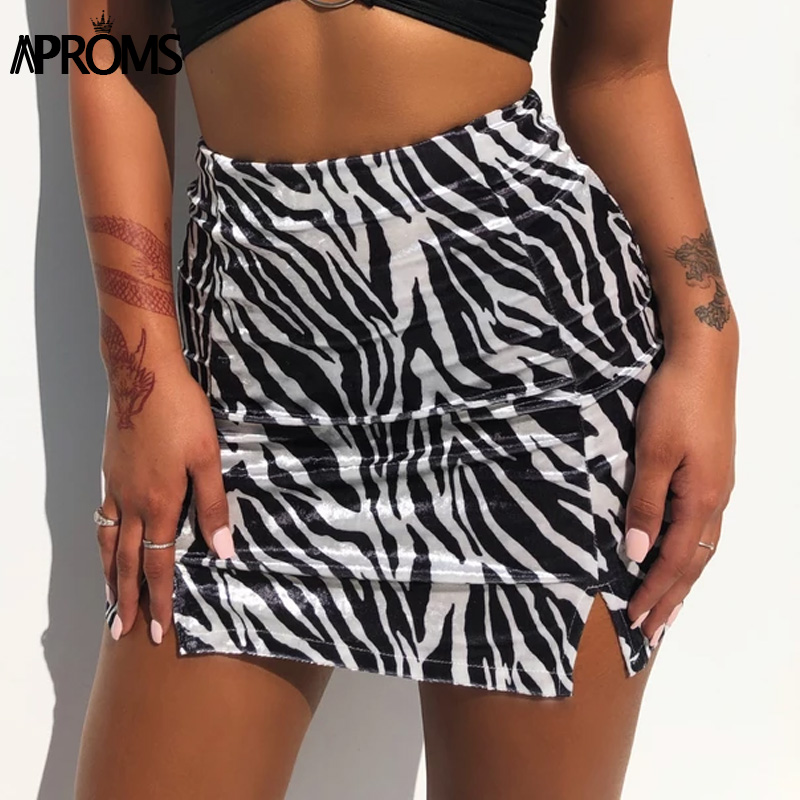 

Aproms Vintage Zebra Print Soft Velvet Skirt Women Sexy Side Split High Waist Short Mini Skirts Female Back Zipper Bottoms 2021, Black