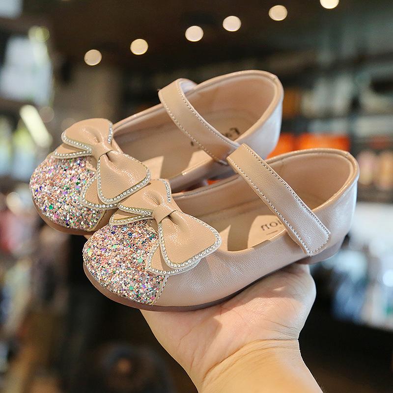 

Flat Shoes Girls Princess Fashion Children Bowknot Glitter Leather Spring Summer Kids Sandals Flats Black Beige, Black;grey