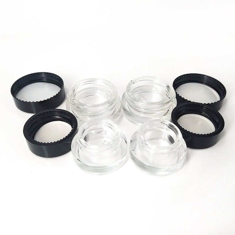

Samples Tank Glass Box Jar 3ml 5ml Black Lid container OEM case clear dab tool for vape wax Cream oil collection Cosmetic sample jars