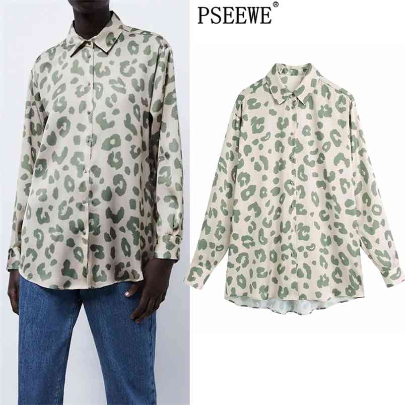 

Blouse Women Green Animal Print Oversized Stain Shirt Woman Collared Long Sleeve Button Up Shirts Ladies Casual Tops 210519