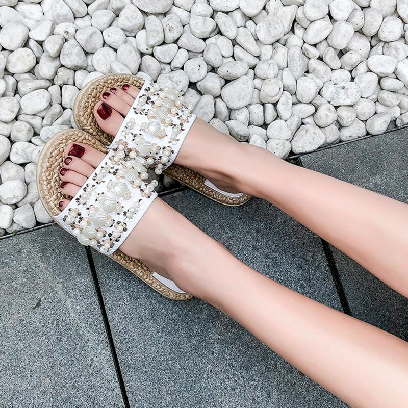

Slippers SAGACE Pearl Sandals Women Casual Summer Flats Ladies Beach Female Non-slip Slides Slipper Fashion Leisure Footwear, Bk