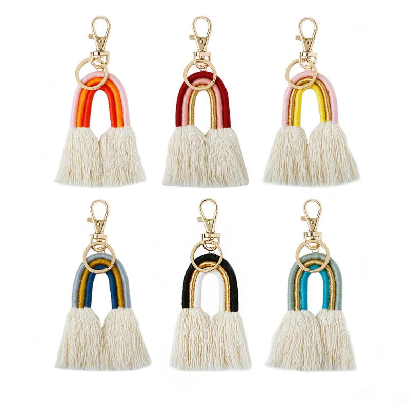 

Keychains Macrame Tassel Keychain Women Boho Handmade Weaving Rainbow Car Creative Bag Charms Pendant Keyring Accessories