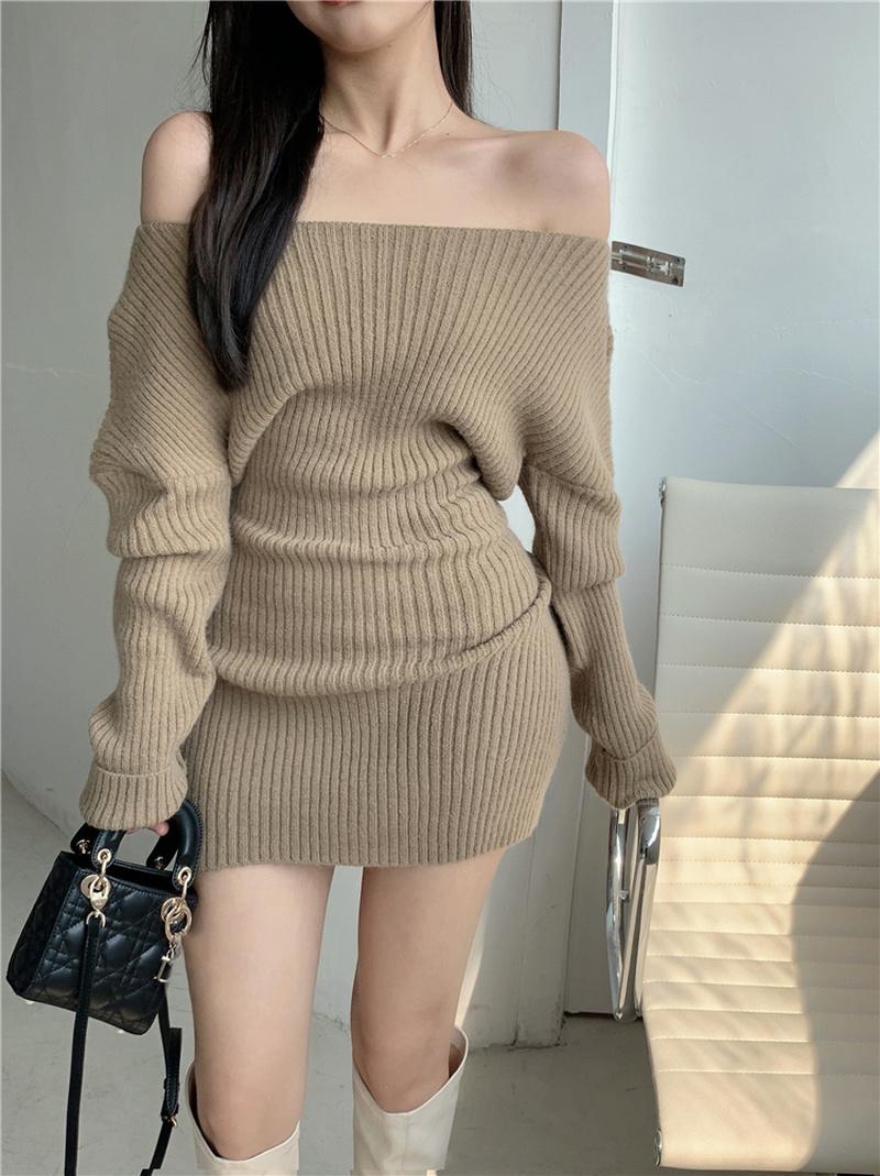 

Casual Dresses Slim Slash Neck Khaki Knitted Dress Women Wrap Hip Waist Wild Mini Off The Shoulder Long Sleeve Pink Sweater Black Vestido Se, Black;gray