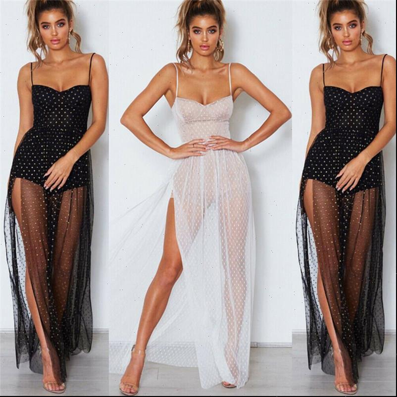 

sleeveless strap boho long maxi womens dresses evening party beach sequin bling bodycon see through sundress, Black;gray