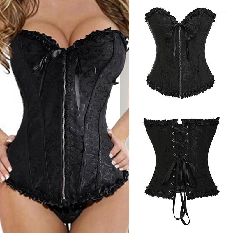 

Women Halloween Zipper Bustier Top Corset Sexy Boned Waist Trainer Overbust Brocade Plus Size Waspie Black Bustiers & Corsets, As pic