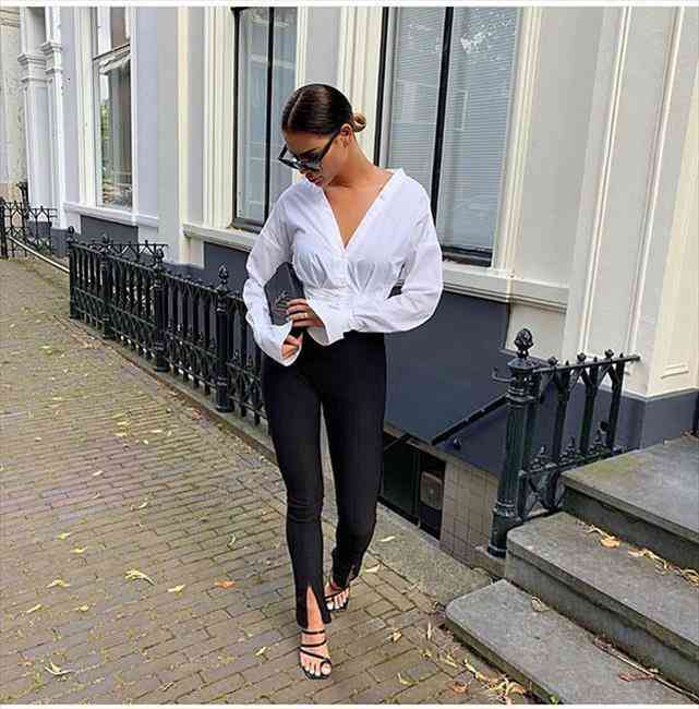 

Office Lady Skinny Fit Stretchy Flare Pants Slits High Waist Push Up Buttom Ankle Length Trousers, Black;white