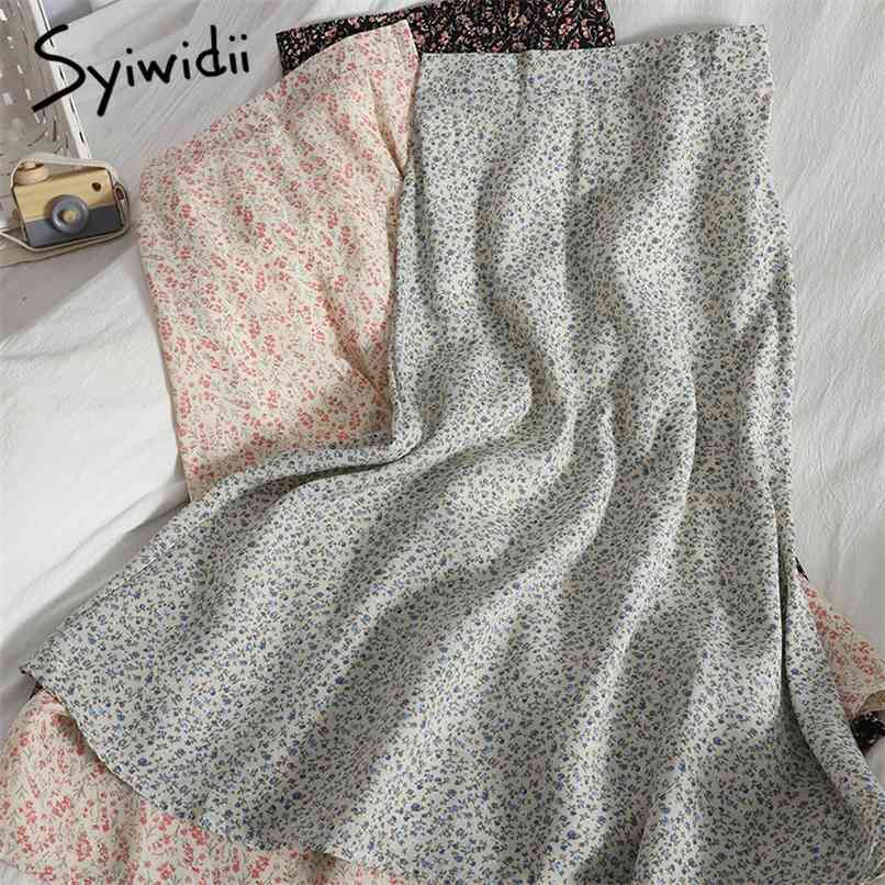 

Boho Floral Print Chiffon Long Skirts for Women Back Elastic High Waist Pink Blue Korean Spring Summer Fashion 210607, 56
