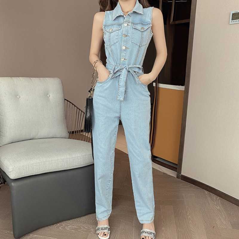 

Summer Women Denim Overalls Korean Fashion Turn Down Collar Single-Breasted Sleeveless Rompers Jeans Female Slim Long Trousers 210526, Blue