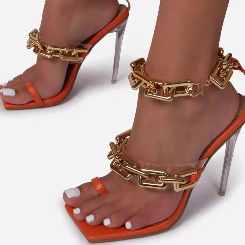 

Sandals Women Chain Thong Sexy Thin High Heels Female Party Square Toe Shoes Summer Ladies Fashion Footwear Plus Size, Black