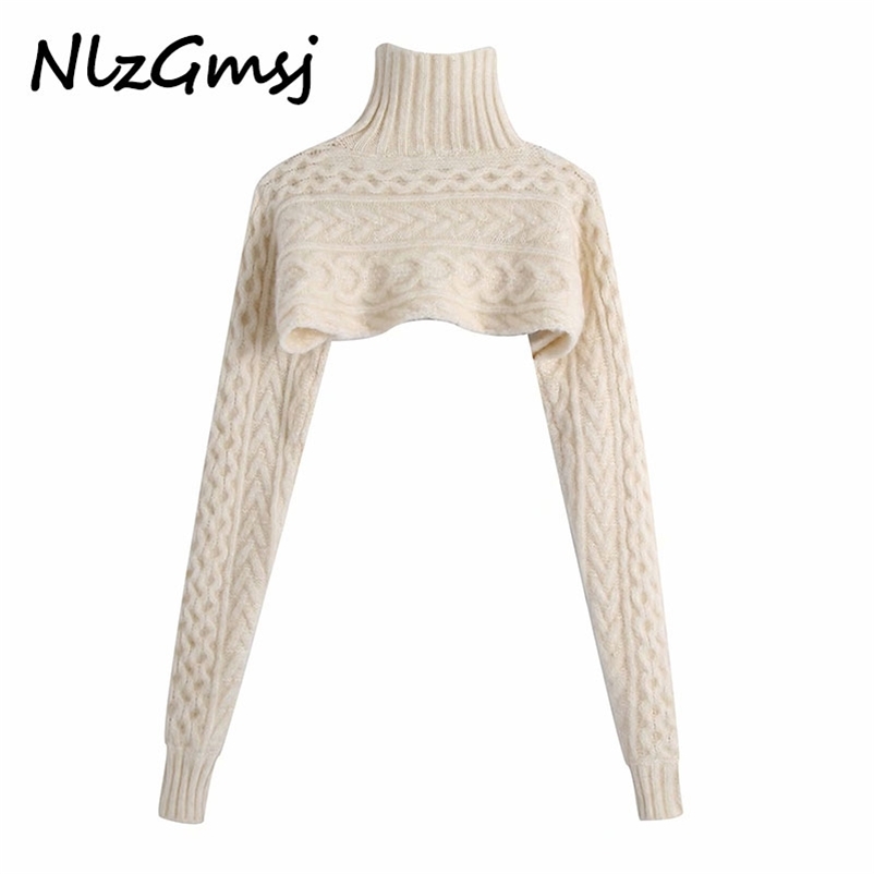 

Women Fashion Arm Warmers Cropped Cable Knitted Sweater Vintage High Neck Long Sleeve Female Pullovers Chic Tops 210628, As picture