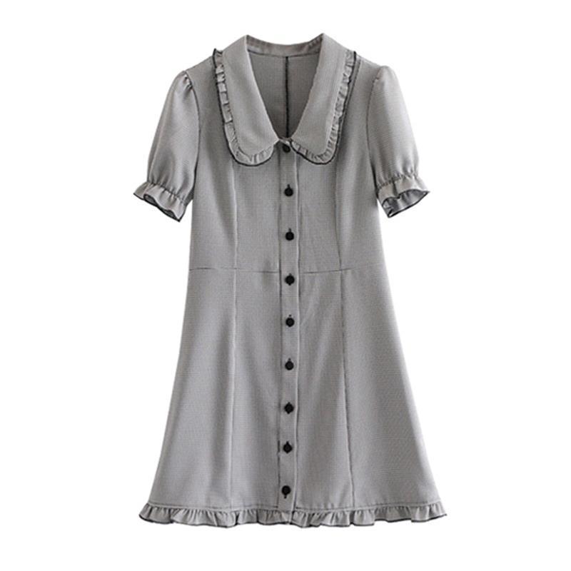 

black women dress white houndstooth ruffle turn dwon collar single breasted short sleeve mini spring elegant d1013, Black;gray
