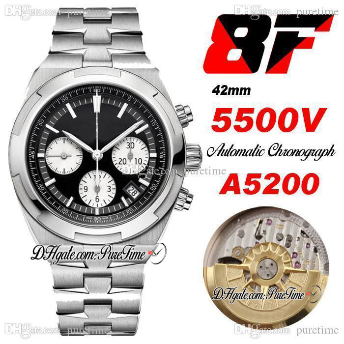 

8F Overseas 5500V A5200 Automatic Chronograph Mens Watch Black Dial White Subdial Stick Markers Stainless Steel Bracelet Super Edition Watches 3 Styles Puretime b2, Silver dial