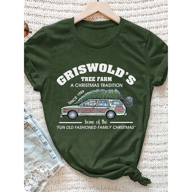 

Summer women's top T-shirt Christmas car print round neck street casual home short-sleeved loose and comfortable, White