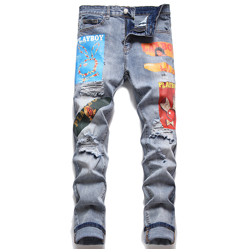 

Ripped Hole Men's Print Jeans Stretch Slim Fit Denim Pants All-match Trousers Trendy Painted Streetwear Pantalons Pour Hommes, Blue