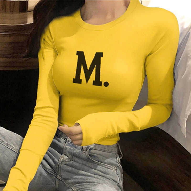 

Autumn long-sleeved short-sleeved top women's slim letter printed T-shirt tight stretch shirt 210604, Burgundy