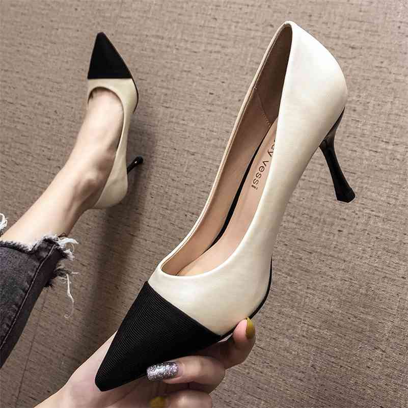 

Spring High Heels Shoes Women Patchwork Soft PU Leather Pointed Toe Solid Black Beige Slip Ons Sexy Wedding Elegant Pumps 210520, 18753-21-black