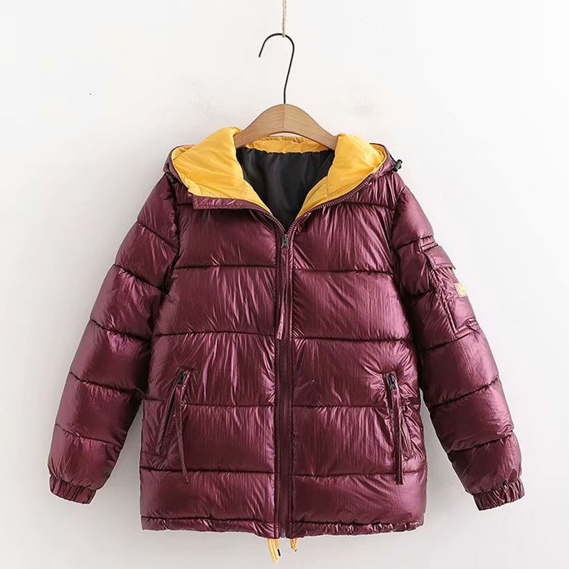 

downs Winter New Korean Style Shiny Hooded Thick Warm Jaket Coat Women's Vintage Short Zipper Cotton Color Block Chic Tops Female, Black