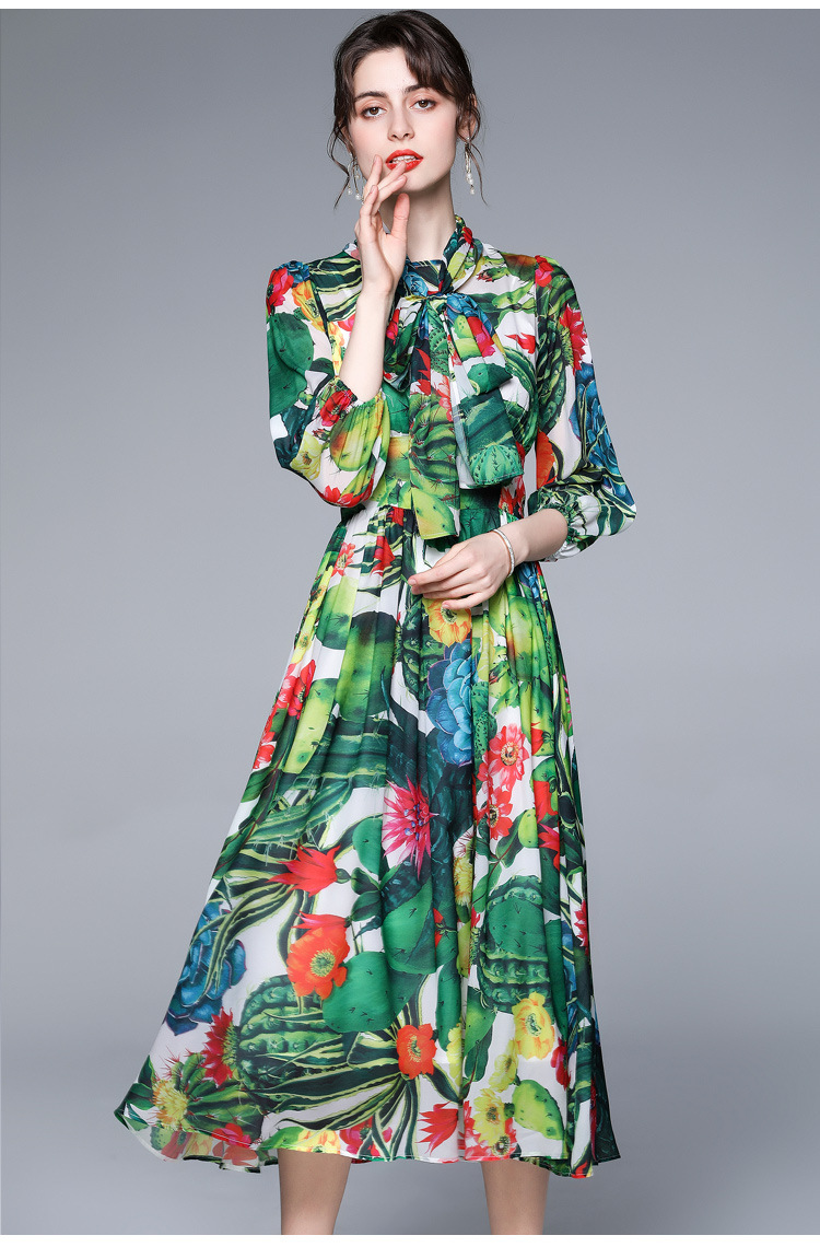 

2021 chiffon long skirt bow tie three-quarter sleeve dress spring and summer foreign trade women street style dresses, As the picture