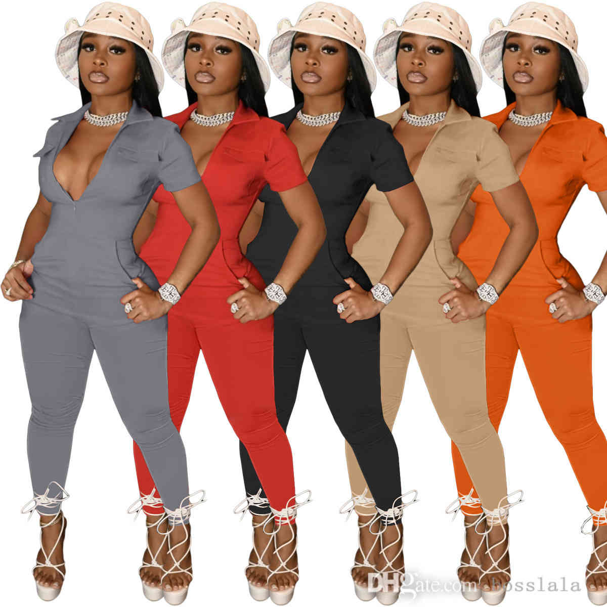 

Women Solid Color 4 Pockets Sexy Short Sleeve Tee Pants Jumpsuit Lady Deep V Neck Zipper Blouse Tight Trousers OnePiece Set Rompers, L247 orange