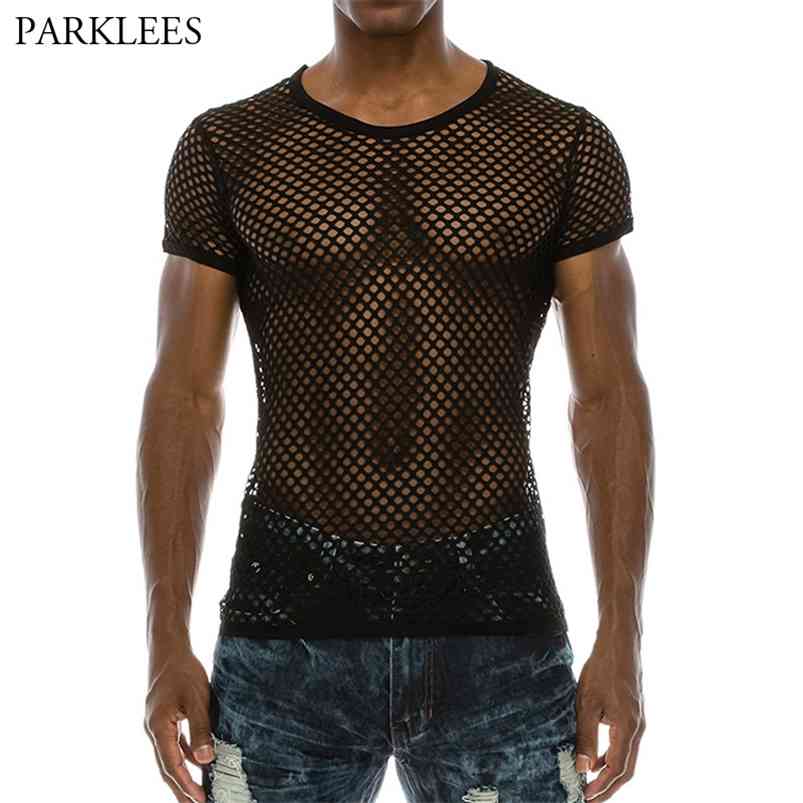 

Men' Mesh See-through Fishnet T Shirt Fashion Sexy Short Sleeve Nightclub Wear T-shirt Men Party Perform Streetwear Tops 210706, Black vest