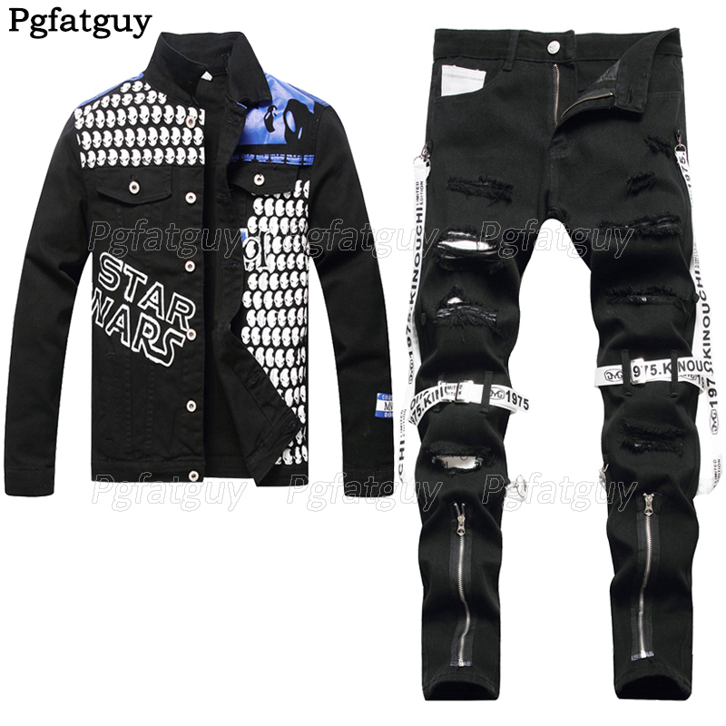 

Punk Style Black Tracksuits Men's 2pcs Sets Four Season Skull Letter Print Denim Jacket and Zipper Ripped Jeans Long Sleeve Slim Fit Two Piece Set, Jacket and jeans 1.9260