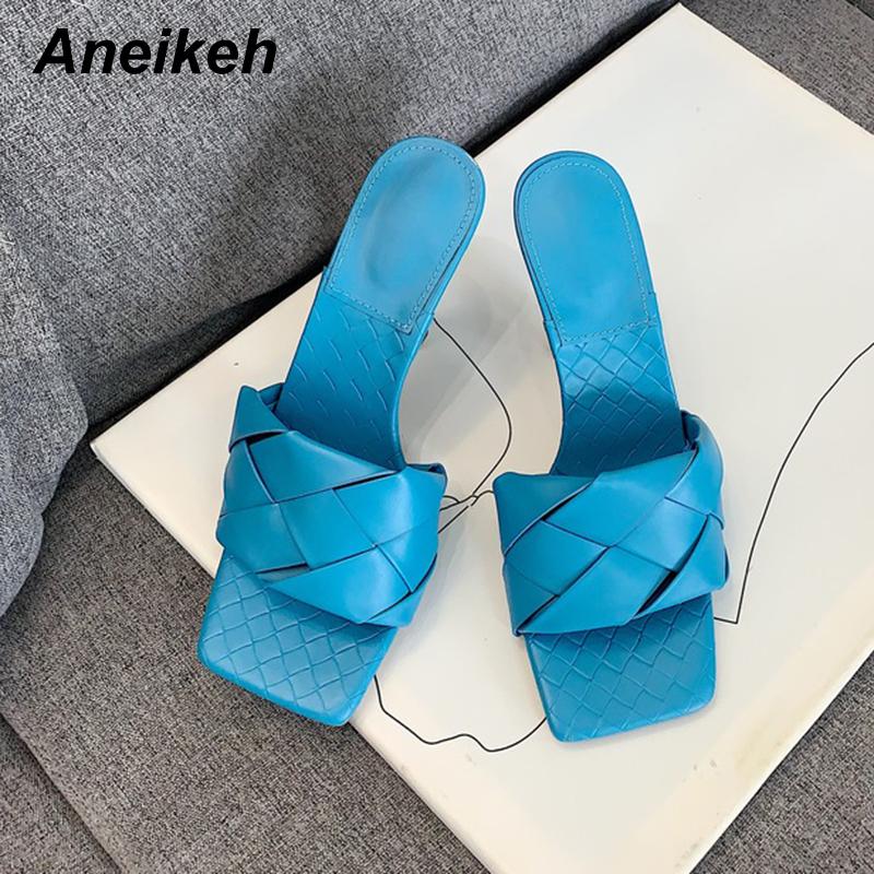 

Slippers Aneikeh 2021 Summer Fashion Square Head Slides Women Thin High Heels Sandals Woven Fabric Ladies Mules Party Pumps, Black