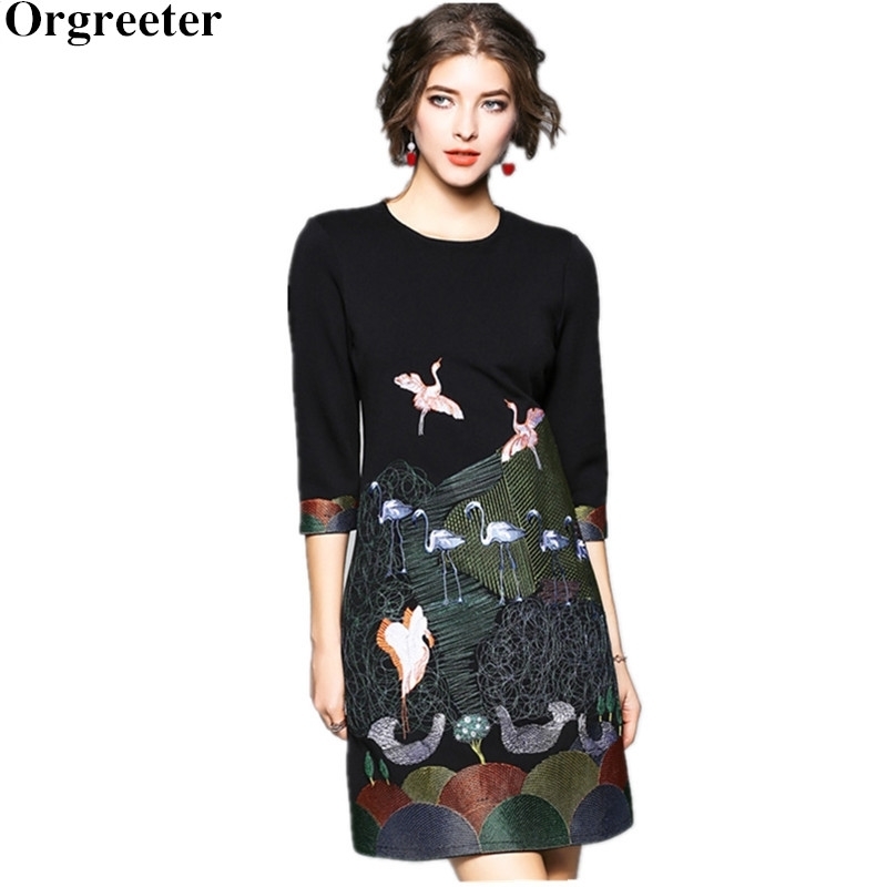 

Orgreeter High Quality Spring Vintage Dress O neck A-line cartoon animals Luxury Embroidery Knee-length Work Wear 210525, Black