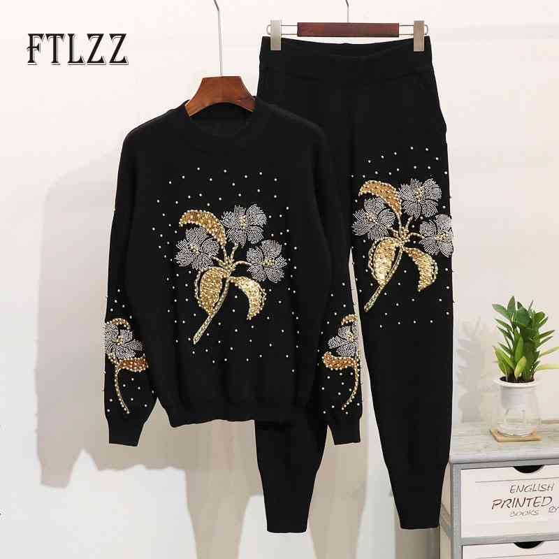 

Autumn Winter Two Piece Set Street Tracksuits Fashion Clothes Woman Vintage Floral Bead Sweater + Long Pant Outfit Suits 210602, Black