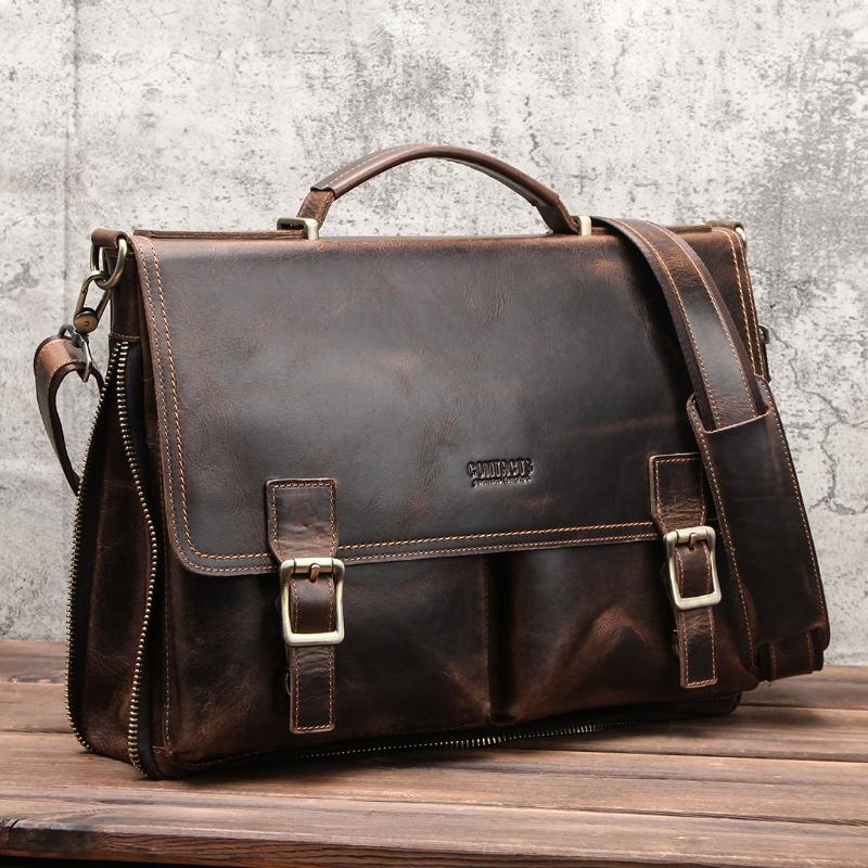 

Briefcases Men Briefcase Genuine Leather Laptop Bag Macbook Pro 14" Computer Crossbody Male Travel Bussines Cowhide, 14 inch