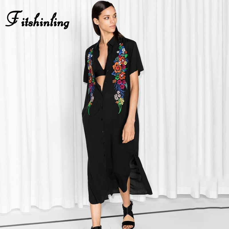

Fitshinling Embroidery Shirt Dress Beach Wear Tunic Holiday 2021 Summer Bla Pareos Bohemian Button Up Sexy Dresses For Women