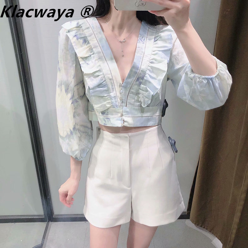 

Women's Spring Shirts Retro All-Match Casual Chic V-Neck Ruffled Layered Decorative Tie-Dye Shirt Blouse 210521, As shown