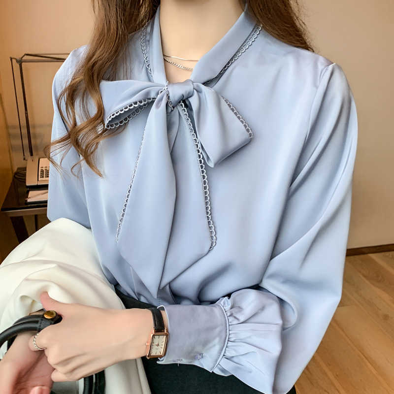 

Long Sleeve Women Blouses Shirts Blusas Mujer De Moda Blouse Women Bow V-neck Chiffon Blouse Shirt Women Tops Blusa D398 210602, White