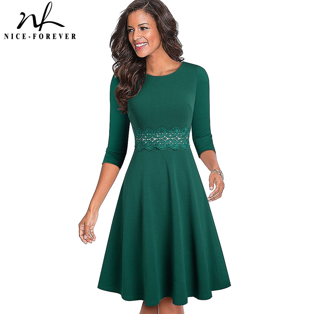 

Nice-forever Autumn Retro Pure Color with Lace Dresses Party A-Line Women Flared Swing Dress A190, Navy with floral