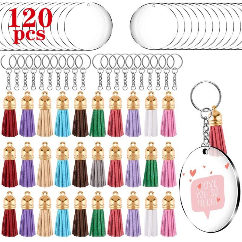 

Keychains 120 Pcs Acrylic Keychain Blanks Kit With Key Rings Jump Round Clear Discs Circles Colorful Tassel Pendants For DIY Crafts