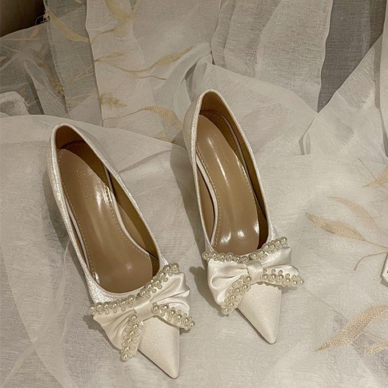 

Dress Shoes 2022 Women's Single Sexy Pearl Bow Stiletto Shallow Mouth Work All Seasons All-match High Heels, White pearl