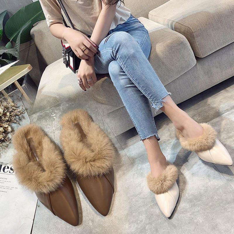 

Fashion Women's Plush Slippers Outdoor PU Warm Mule Shoes Female Casual Rubber Sole Ladies Anti-skid Furry, Beige
