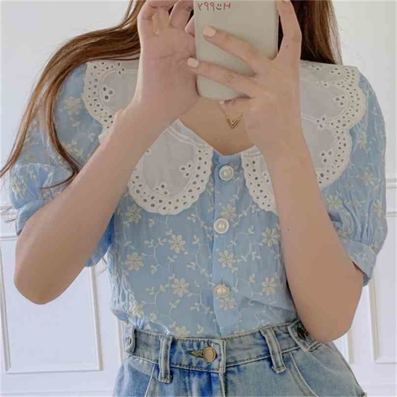 

Lace Sweet Girls Casual Florals Printed Chic Arrival Basic Summer Shirts Tops Loose-Fitting Blouses Blusas 210525, White