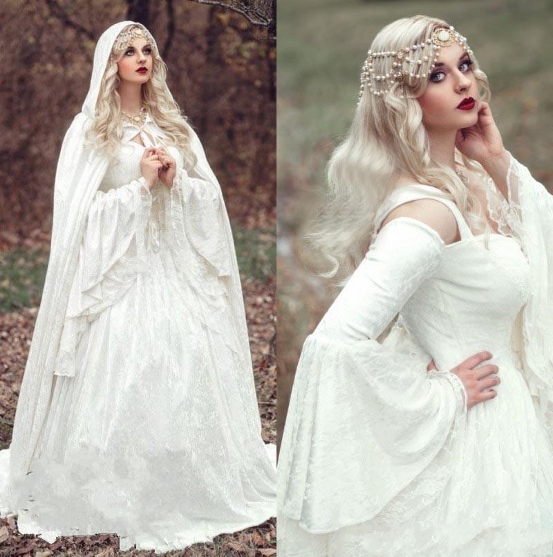 

Renaissance Gothic Lace Ball Gown Wedding Dresses With Cloak 2021 Plus Size Vintage Bell Long Sleeve Celtic Medieval Princess Bridal Dress Vestidos De Novia AL9090, Champagne